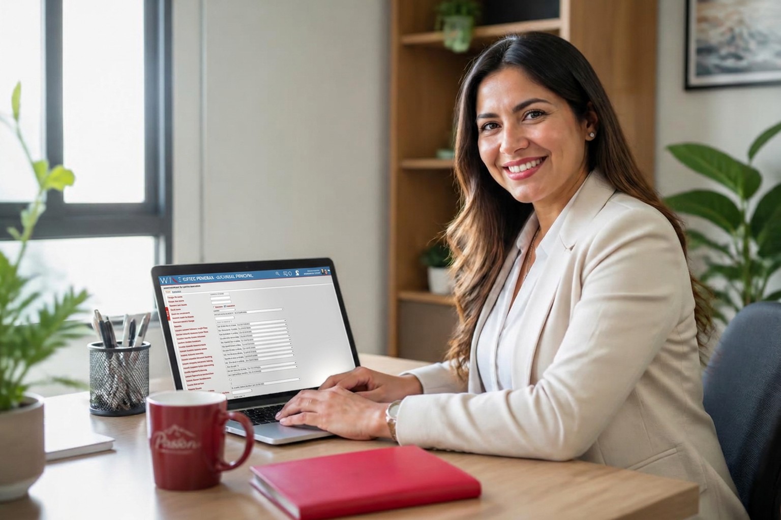 bancos-hero-humano Empresaria usando el módulo de Bancos del ERP WISE en su laptop