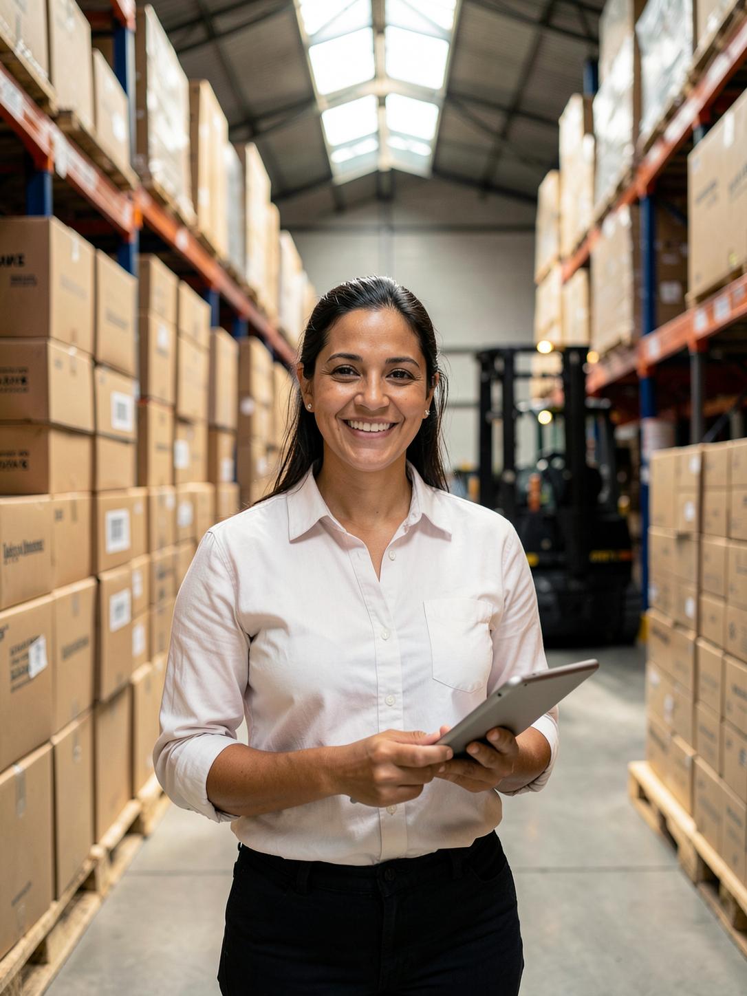 etapas-importaciones Coordinadora de logística con tablet en bodega de mercadería importada