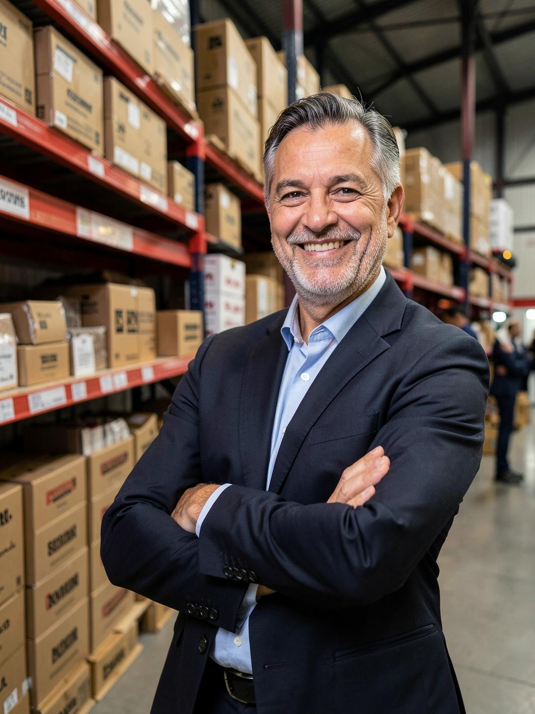 formulario-importaciones Dueño de negocio sonriendo en su almacén de productos importados