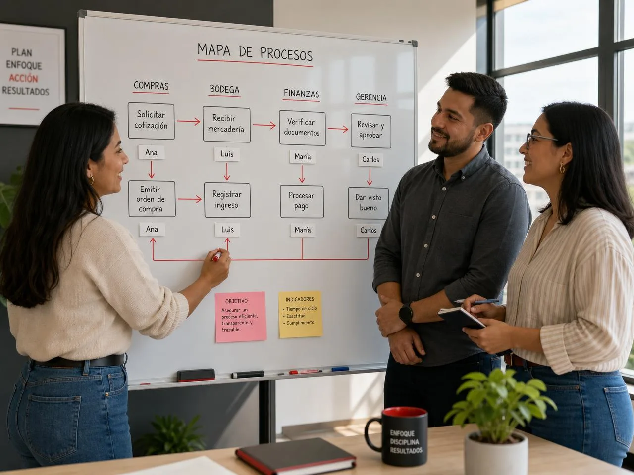 Equipo diseñando el mapa de procesos por área y responsable
