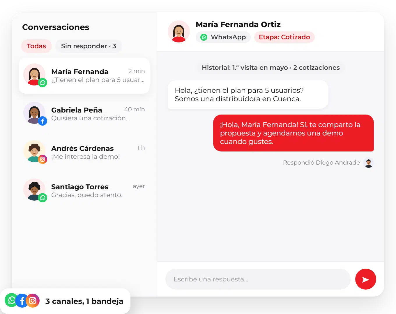CRM SISTEC: bandeja multicanal Bandeja del CRM SISTEC con conversaciones de WhatsApp, Facebook e Instagram, historial del cliente y respuesta del asesor