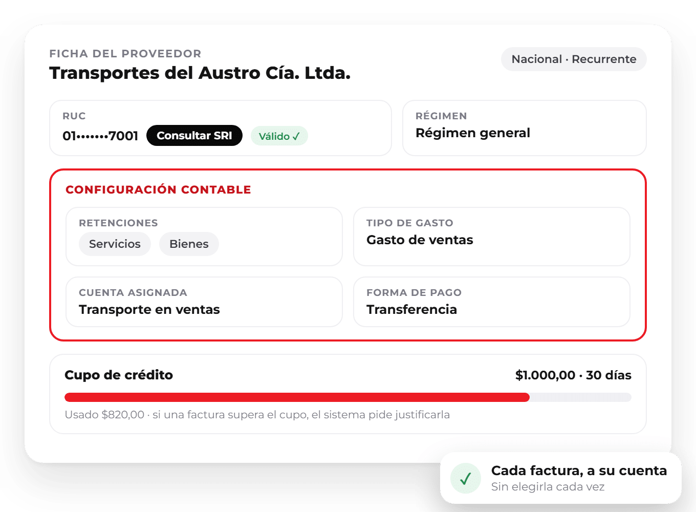 WISE Proveedores: ficha del proveedor Ficha de un proveedor en WISE con consulta del RUC en el SRI, régimen, retenciones de bienes y servicios, tipo de gasto, cuenta asignada y cupo de crédito de 1000 dólares a 30 días