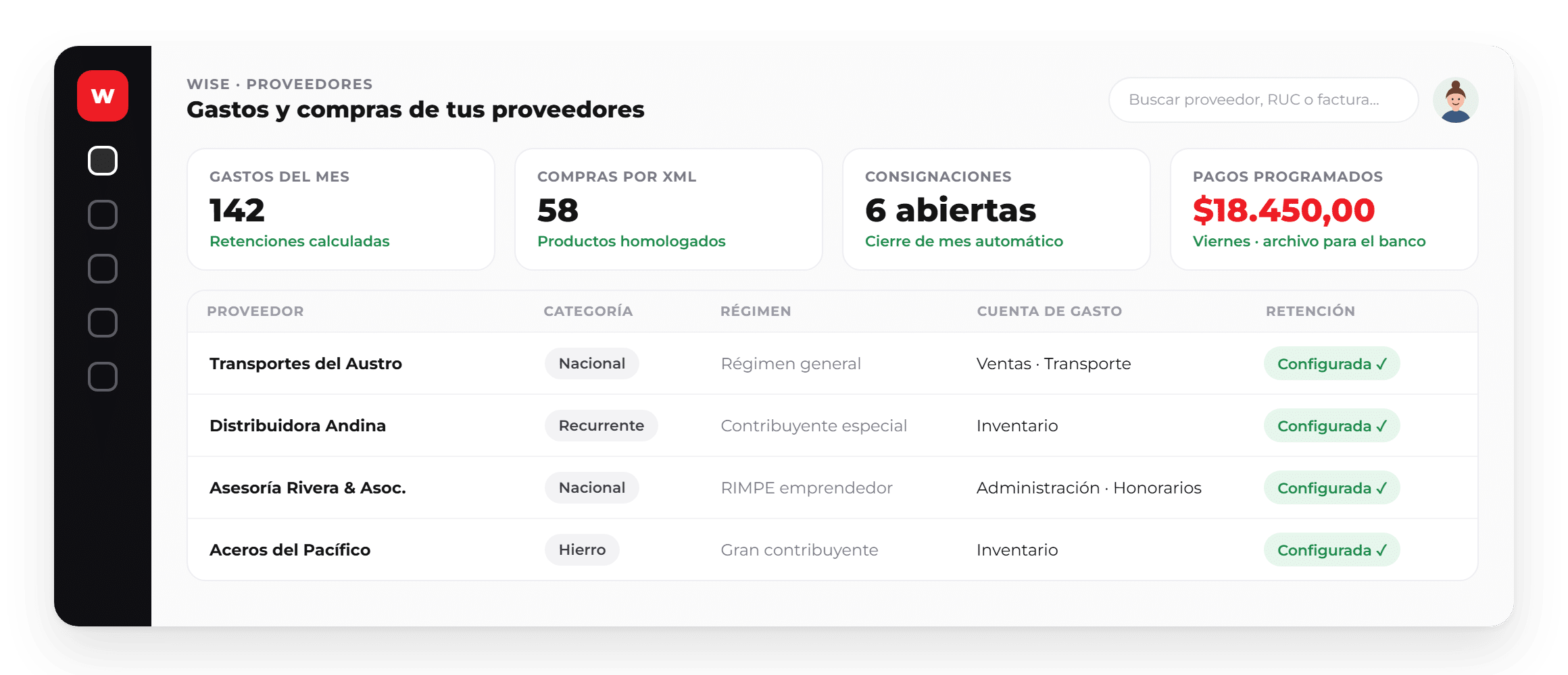 WISE Proveedores: panel de gastos y compras Panel de WISE Proveedores con gastos del mes, compras cargadas por XML, consignaciones abiertas, pagos programados y proveedores con su régimen, cuenta de gasto y retención configurada