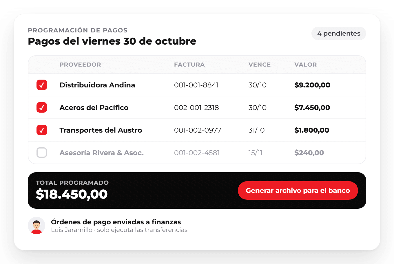 WISE Proveedores: programación de pagos Programación de pagos a proveedores en WISE con las facturas seleccionadas, el total programado y el botón para generar el archivo para el banco