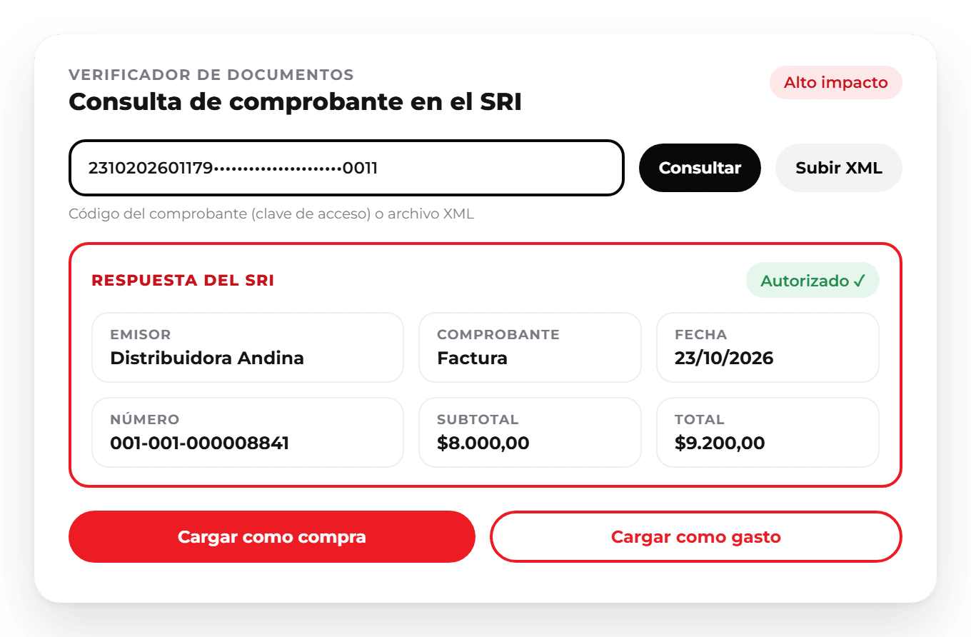 WISE Proveedores: Verificador de Documentos Verificador de Documentos de WISE: consulta de un comprobante en el SRI por su código o XML, respuesta del SRI con los datos de la factura y botones para cargarla como compra o como gasto