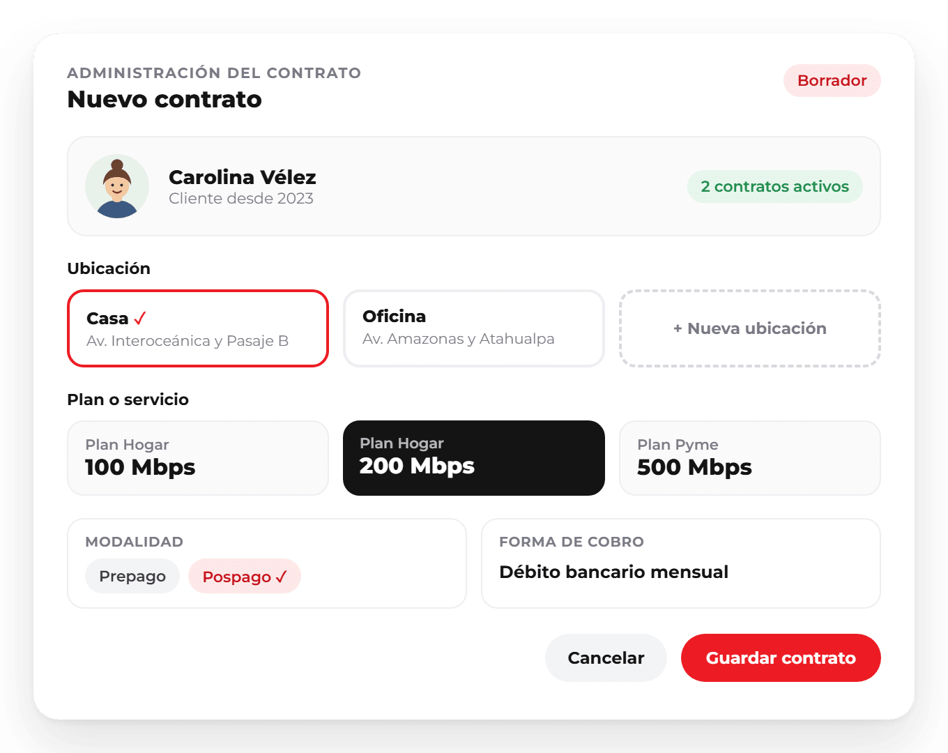 WISE Servicio Masivo: ficha del contrato Ficha de un contrato en WISE Servicio Masivo: cliente con varios contratos, selección de ubicación, plan o servicio, modalidad prepago o pospago y forma de cobro